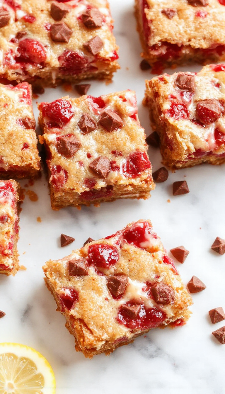 Delicious sweet and tangy strawberry lemon blondies arranged on a serving plate, showcasing golden-brown dessert bars with vibrant strawberry and lemon swirls.