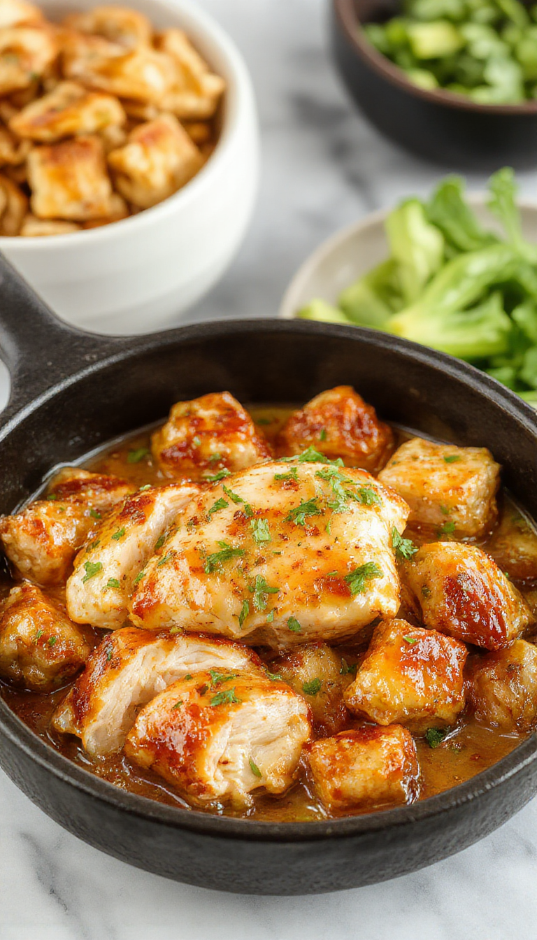 A sizzling skillet of creamy Texas Roadhouse Butter Chicken topped with fresh herbs and served alongside garlic mashed potatoes.