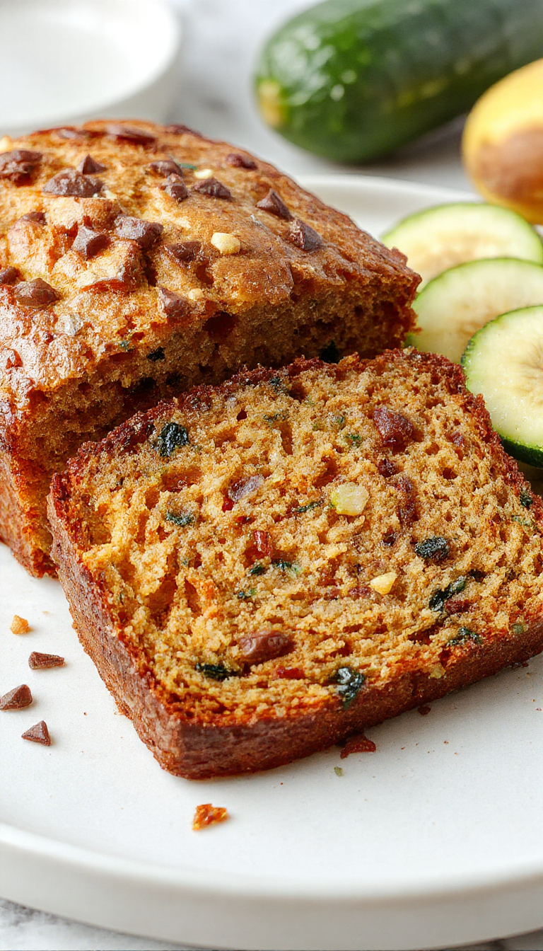 A freshly sliced loaf of zucchini bread with a golden-brown crust, garnished with a sprinkle of powdered sugar and visible zucchini specks inside.