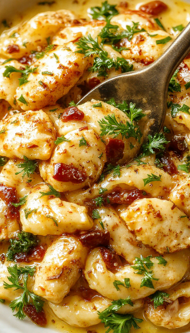 A plate of Marry Me Chicken Pasta featuring creamy sauce, tender chicken pieces, and garnished with fresh herbs, served alongside pasta.