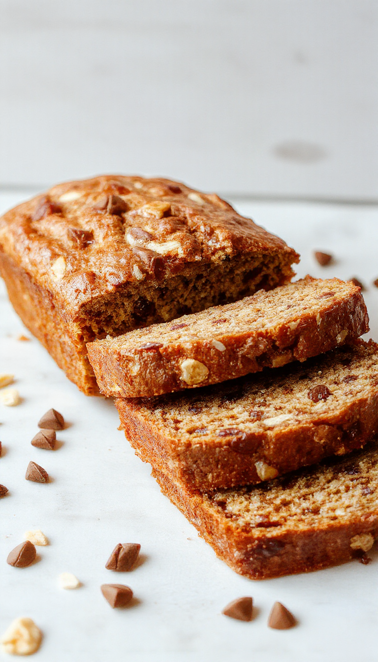 A freshly sliced high protein banana bread loaf topped with crunchy nuts and ripe banana slices, displayed on a rustic wooden table.
