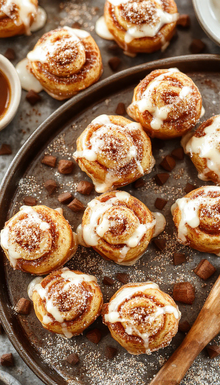 Golden-brown cinnamon roll French toast bites topped with powdered sugar and drizzled with syrup, served on a plate with fresh berries.