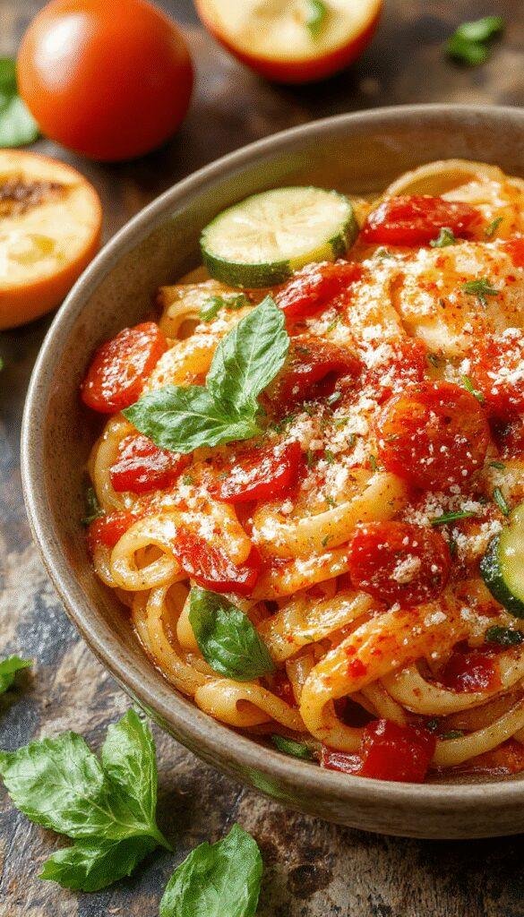 A vibrant plate of Tomato Zucchini Pasta garnished with fresh basil and grated cheese, showcasing colorful zucchini noodles and chunky tomato sauce.