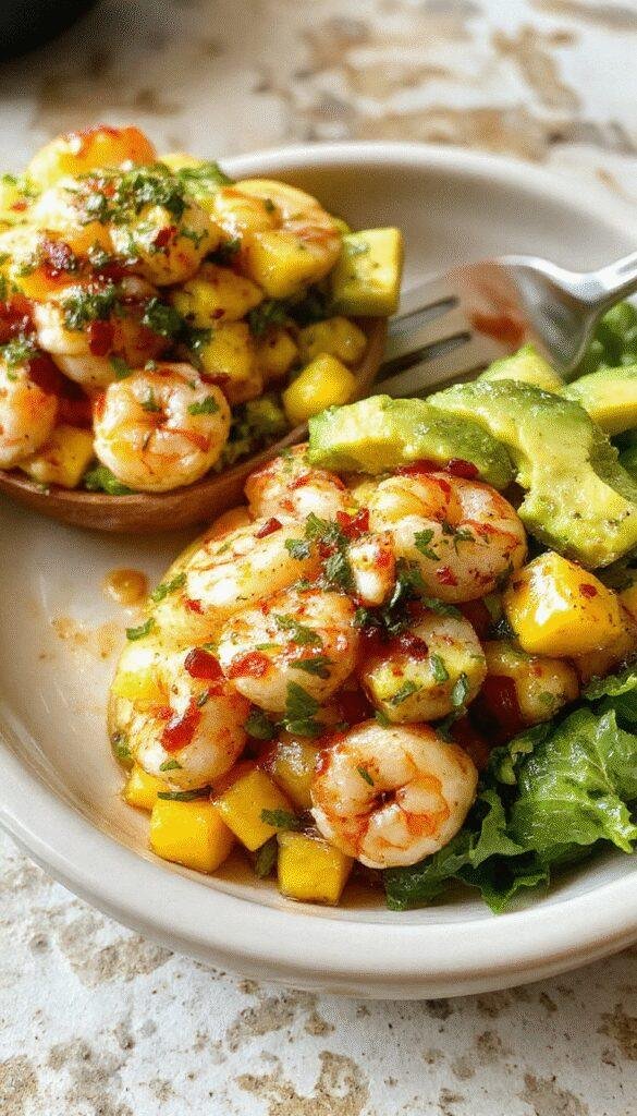 Colorful tropical shrimp and avocado bowls topped with vibrant mango salsa, garnished with fresh herbs and lime slices.