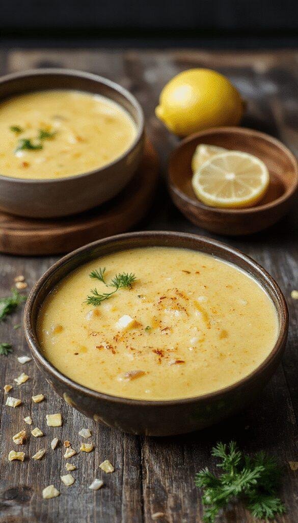 A vibrant bowl of vegan lemon lentil soup garnished with fresh herbs and a lemon wedge, showcasing its bright color and hearty texture.