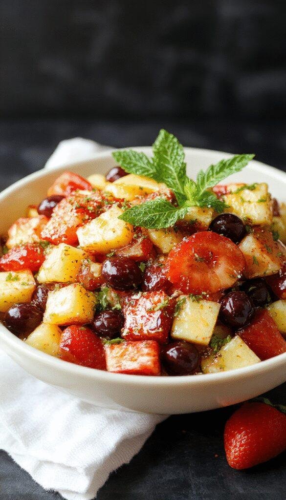 Colorful summer fruit salad with slices of watermelon, strawberries, blueberries, pineapple, and mint leaves arranged in a glass bowl.