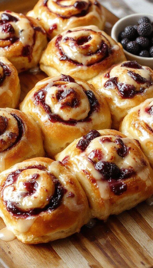 Freshly baked Wild Blueberry Ricotta Sweet Buns on a rustic wooden table, garnished with powdered sugar and blueberries.