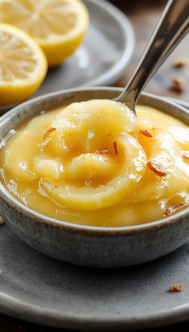 A jar of vibrant yellow Zesty Italian Lemon Curd surrounded by fresh lemons and herbs, with a spoonful showcasing its creamy texture.