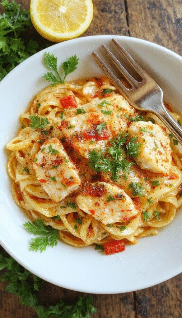 A plate of Zesty Lemon Chicken Pasta garnished with fresh herbs, showcasing tender chicken pieces, al dente pasta, and a vibrant lemon sauce.