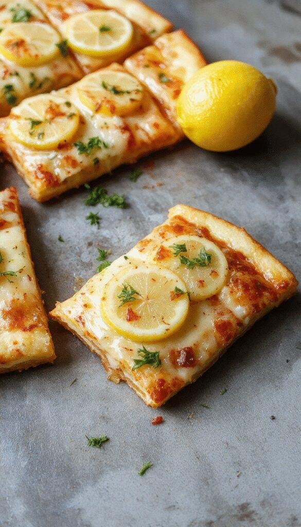 A vibrant lemon pizza topped with fresh lemon slices, herbs, and a golden crispy crust, garnished with herbs for a bright and flavorful presentation.