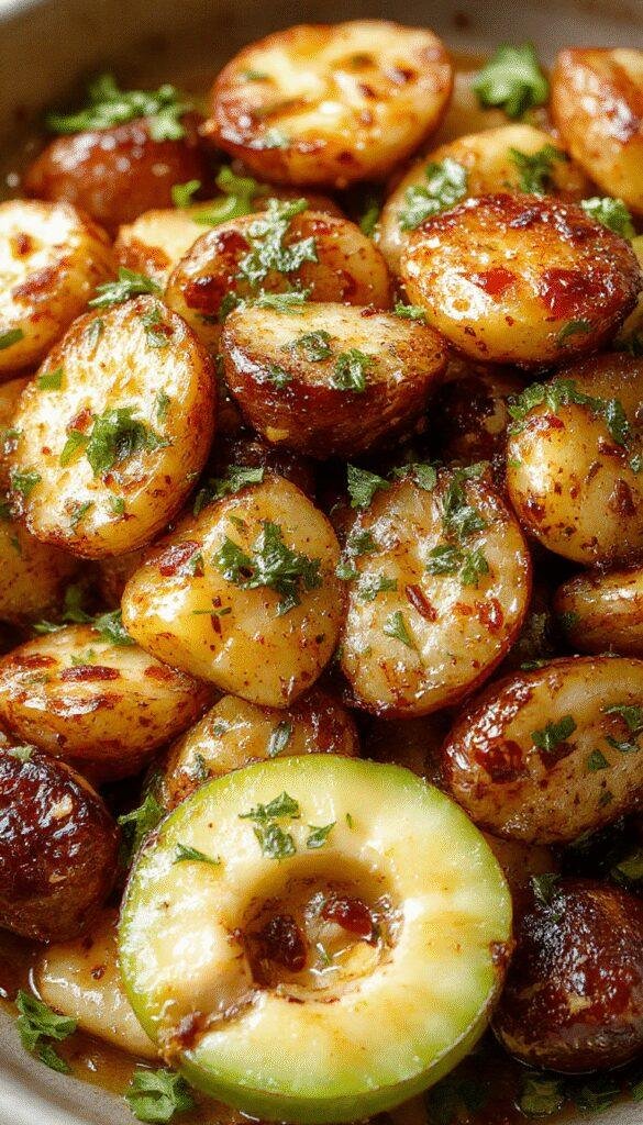 A vibrant plate of Zesty Mexican Potatoes garnished with cilantro and lime, showcasing crispy, seasoned potato pieces with colorful toppings.