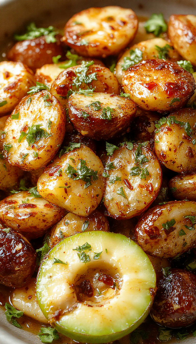 A vibrant plate of Zesty Mexican Potatoes garnished with cilantro and lime, showcasing crispy, seasoned potato pieces with colorful toppings.
