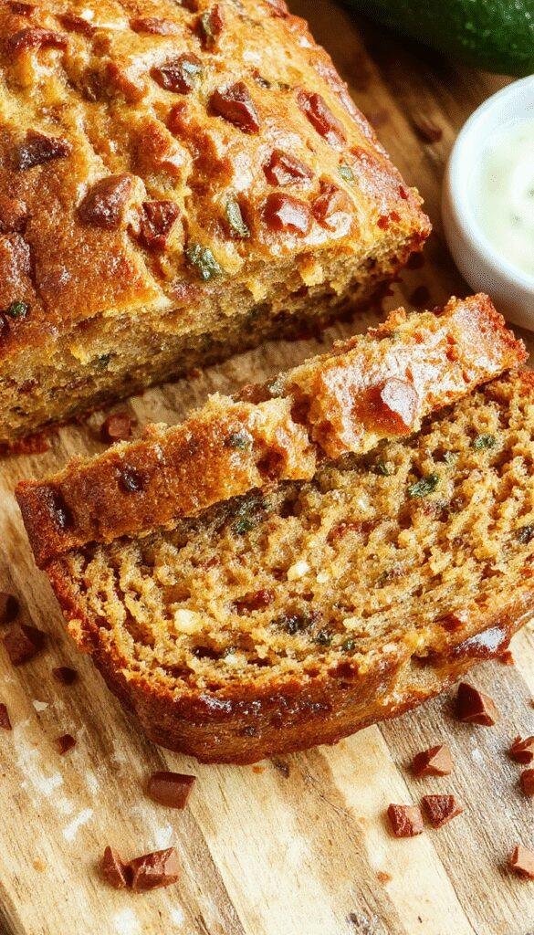 A freshly sliced zucchini bread loaf on a wooden cutting board, with a golden-brown crust and moist, green-speckled interior.