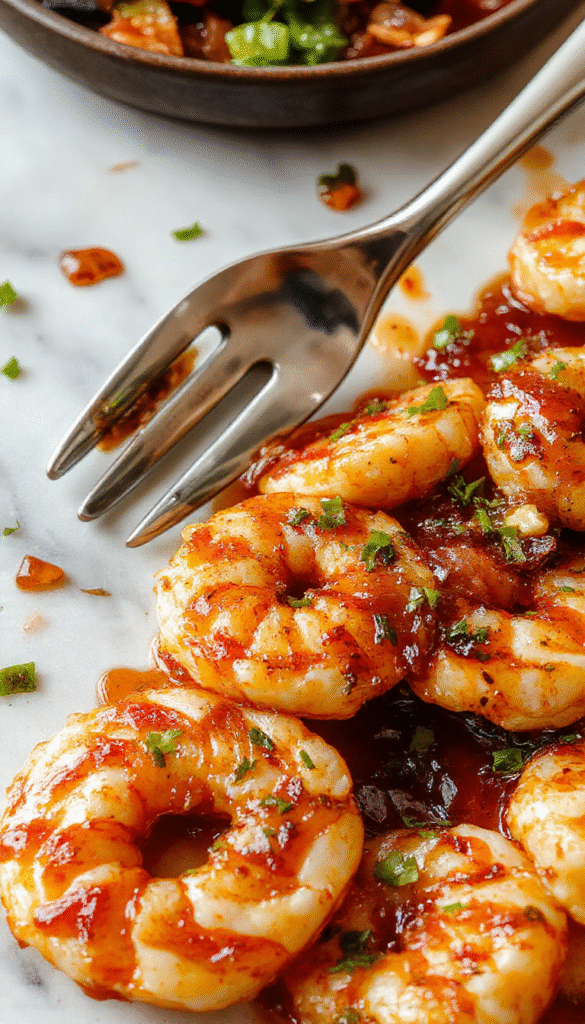A vibrant plate of honey garlic shrimp featuring golden-brown, glazed shrimp garnished with fresh green herbs, served on a white ceramic dish with a glossy sauce drizzled over, accompanied by colorful steamed vegetables and lemon slices on a rustic wooden table