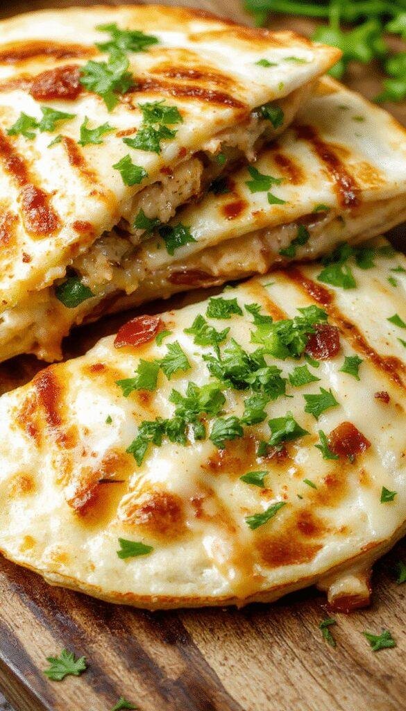 A crispy chicken bacon ranch quesadilla sliced open to reveal melted cheese, tender chicken pieces, crispy bacon, and fresh herbs inside.