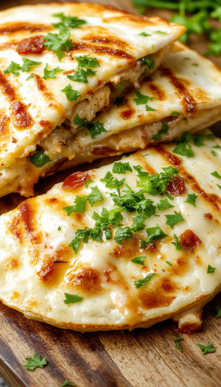 A crispy chicken bacon ranch quesadilla sliced open to reveal melted cheese, tender chicken pieces, crispy bacon, and fresh herbs inside.