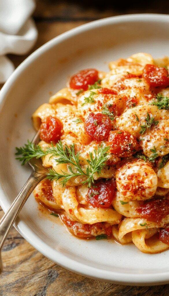 A bowl of creamy tomato pasta garnished with fresh basil, served on a rustic wooden table with a fork twirling the pasta.