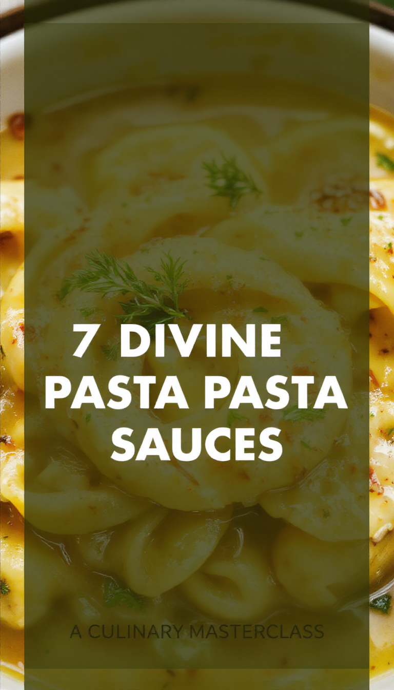 A vibrant display of seven different Italian pasta sauces artfully arranged over a variety of cooked pasta, garnished with herbs and cheese.