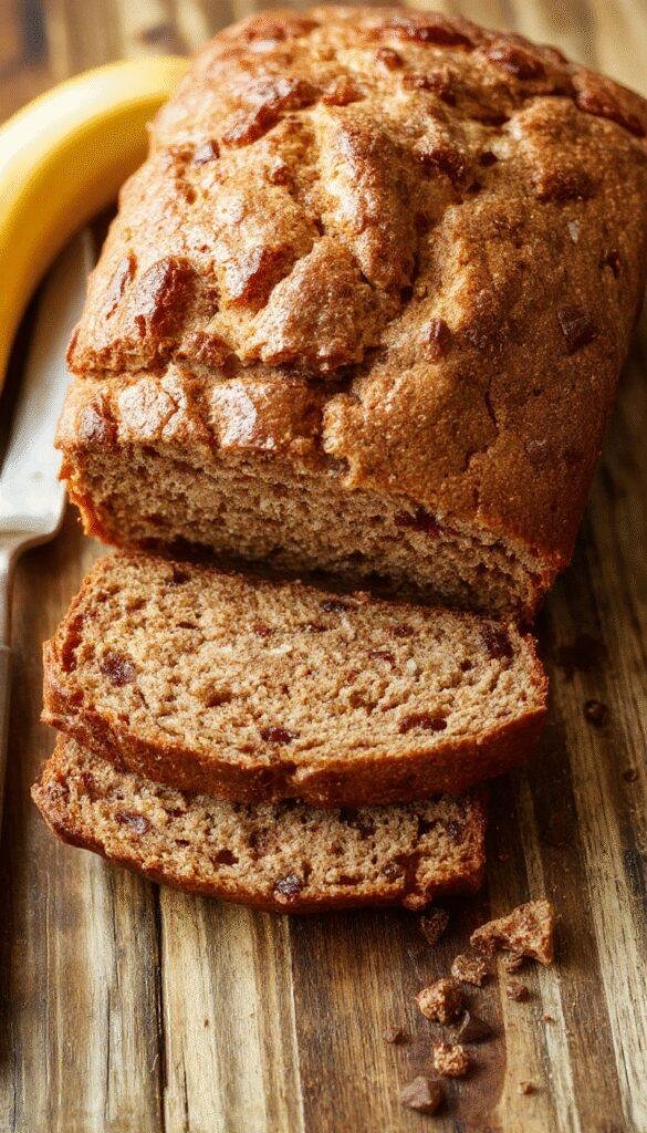 A warm slice of cafe-style banana bread on a rustic plate, garnished with a sprinkle of cinnamon and a dollop of butter, with whole bananas and coffee in the background.