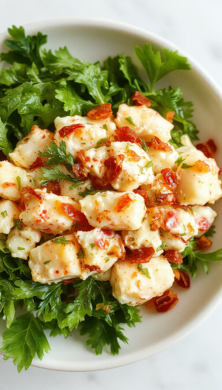 A vibrant crab salad served on a plate with fresh greens and lemon wedges, garnished with herbs.