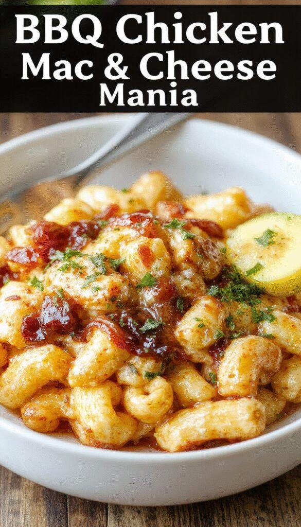 A bowl of creamy mac and cheese topped with grilled BBQ chicken, garnished with fresh herbs and a side of crispy garlic bread.
