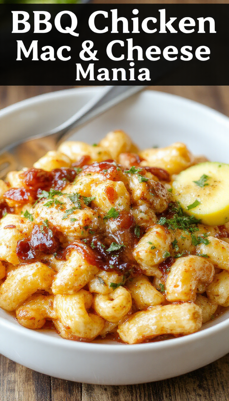 A bowl of creamy mac and cheese topped with grilled BBQ chicken, garnished with fresh herbs and a side of crispy garlic bread.