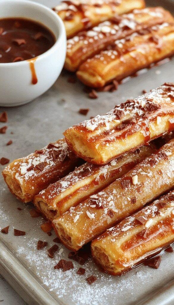 Golden baked churros dusted with cinnamon sugar, arranged on a rustic plate with a side of chocolate dipping sauce.