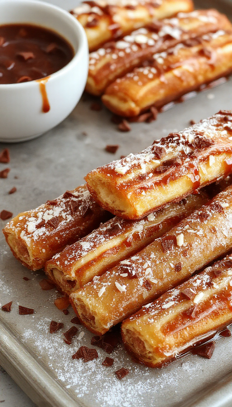 Golden baked churros dusted with cinnamon sugar, arranged on a rustic plate with a side of chocolate dipping sauce.