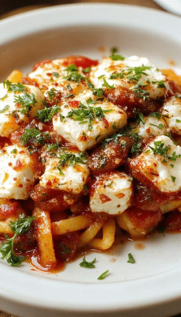 A plate of baked feta and tomato pasta garnished with fresh basil, showcasing a creamy, cheesy sauce with colorful cherry tomatoes.