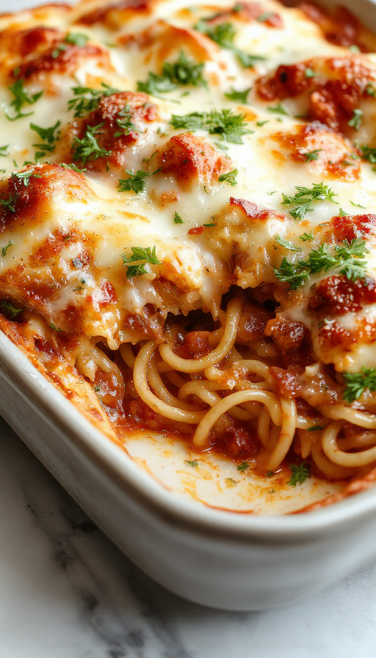 A delicious baked spaghetti casserole topped with melted cheese and fresh herbs, served in a baking dish with a golden crust.