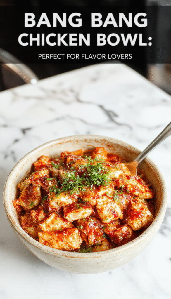 A vibrant bowl featuring crispy glazed chicken slices atop colorful shredded vegetables, drizzled with creamy spicy sauce, garnished with green herbs, styled on a rustic wooden plate