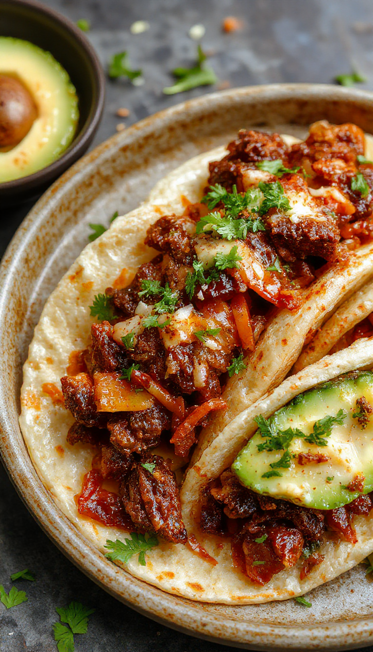 Close-up of flavorful Birria Tacos filled with succulent meat, topped with chopped onions, cilantro, and a side of consommé.