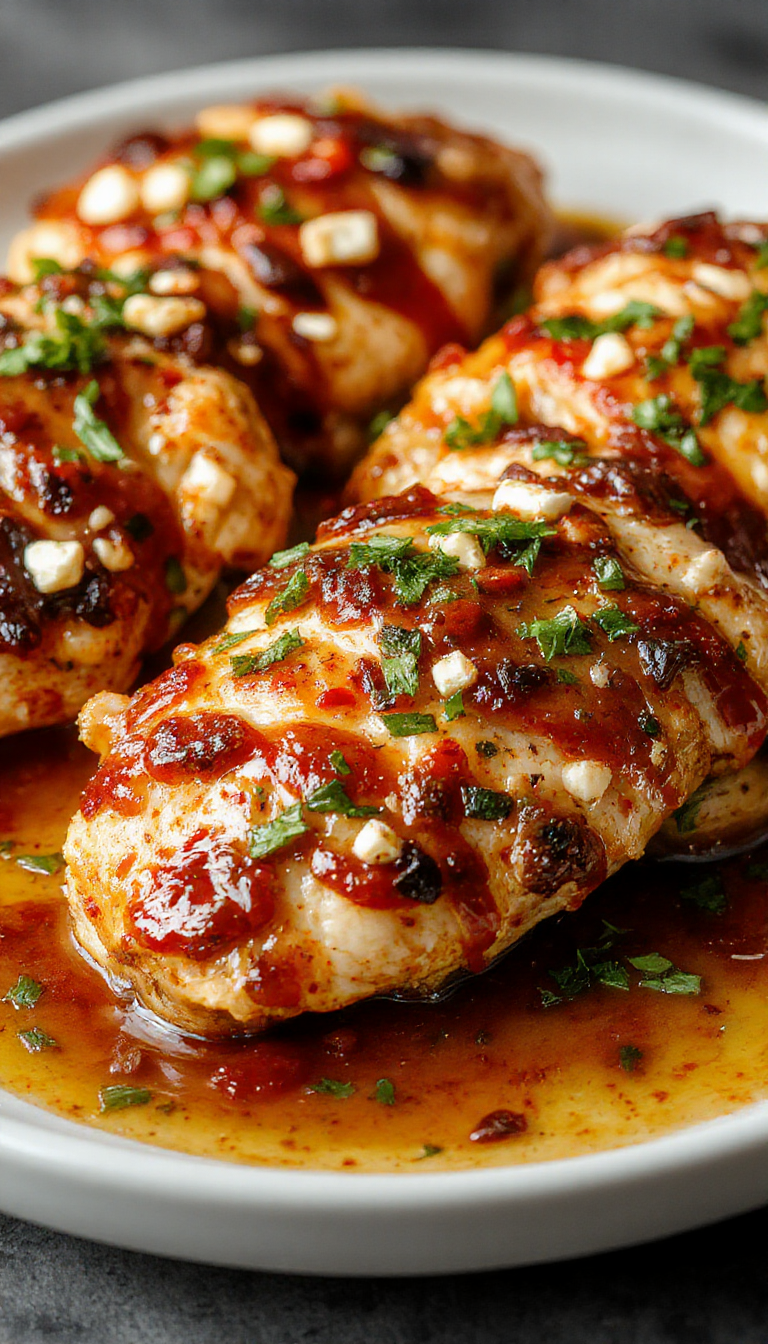 A sizzling plate of Blazing Feta Chicken garnished with fresh herbs, showcasing juicy pieces coated in a spicy feta sauce.