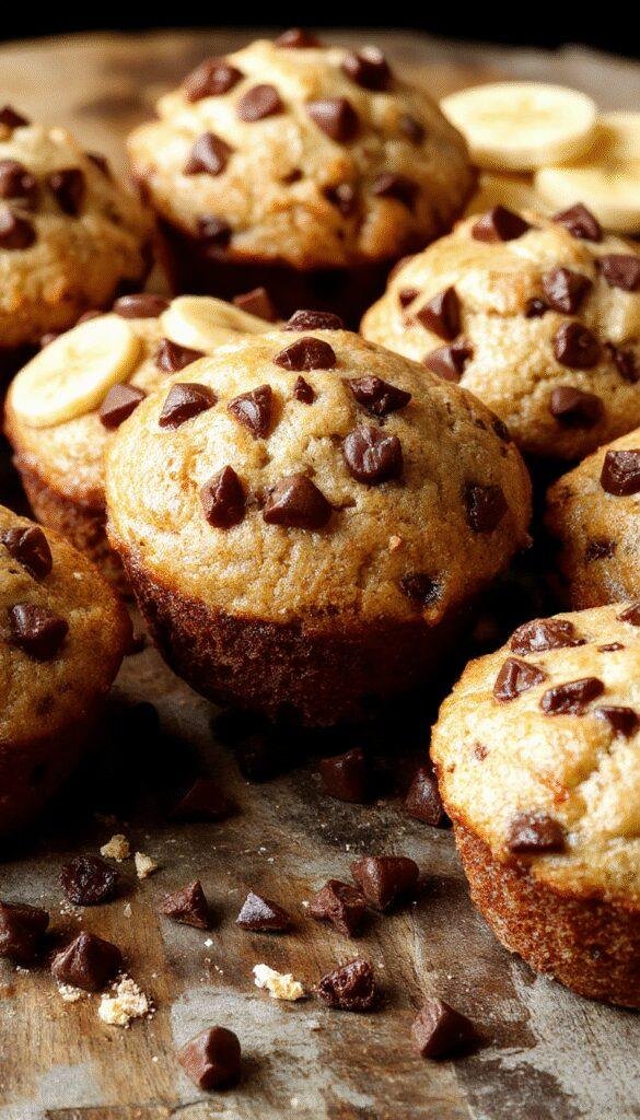 Golden banana chocolate chip muffins with melting chocolate chips and a soft crumb, arranged on a rustic plate.