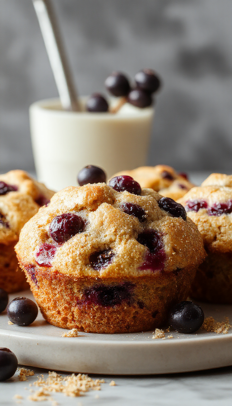 A close-up of Blueberry Yogurt Power Muffins displayed on a wooden table, showing their golden tops dotted with fresh blueberries.