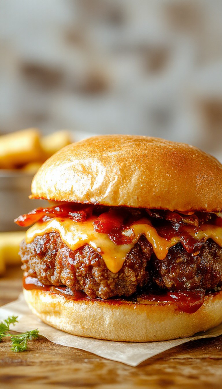 A plate of Bourbon BBQ Bacon Cheeseburger Meatballs arranged with melted cheese, crispy bacon, and a side of fresh toppings on a rustic wooden table.
