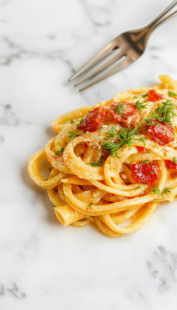 A vibrant plate of Pasta Primavera featuring colorful cherry tomatoes, zucchini, yellow bell peppers, and fresh basil on a white ceramic plate, garnished with grated Parmesan cheese. The dish showcases a mix of tender pasta coated in a light, glistening herb sauce, with a rustic wooden table and natural sunlight creating an inviting and Summery atmosphere.