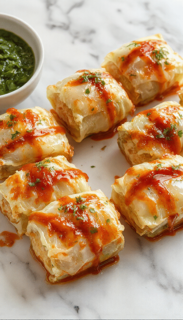 Vibrant image of rolled cabbage leaves filled with seasoned meat and rice, arranged neatly on a white plate. The cabbage's bright green contrasts with the savory filling, garnished with fresh herbs. The dish is presented with a rustic wooden background, highlighting its fresh textures and inviting appearance.