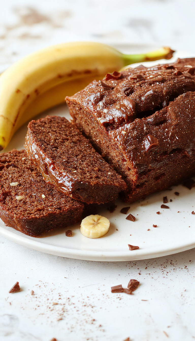 A freshly sliced Celebration-Ready Chocolate Espresso Banana Bread topped with chocolate shavings and coffee beans, showcasing its rich, decadent texture.