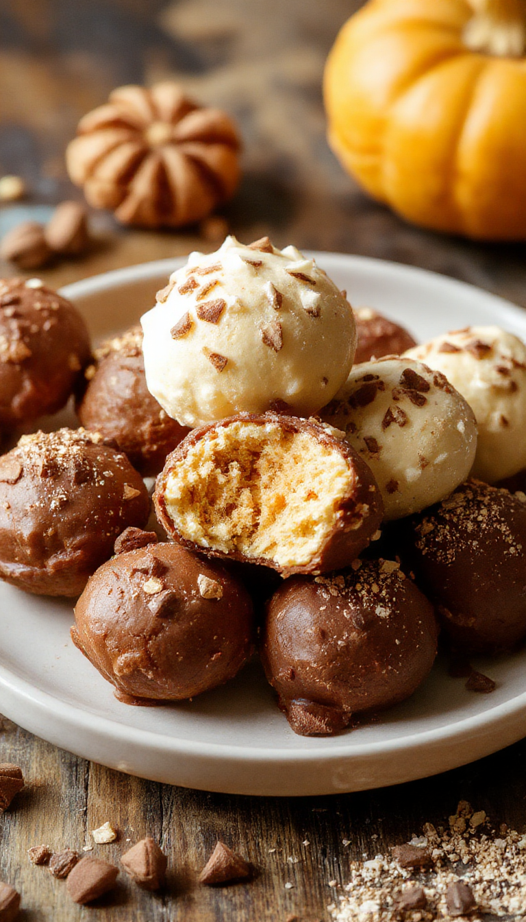 Close-up of festive orange pumpkin cheesecake truffles with decorative sprinkles on a elegant platter