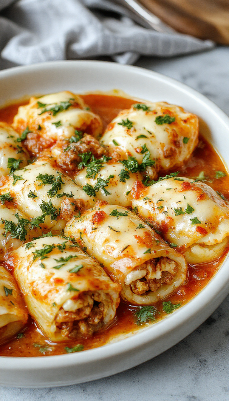 A close-up of baked large pasta shells filled with creamy ricotta and seasoned beef, topped with melted cheese and fresh herbs on a dinner plate.