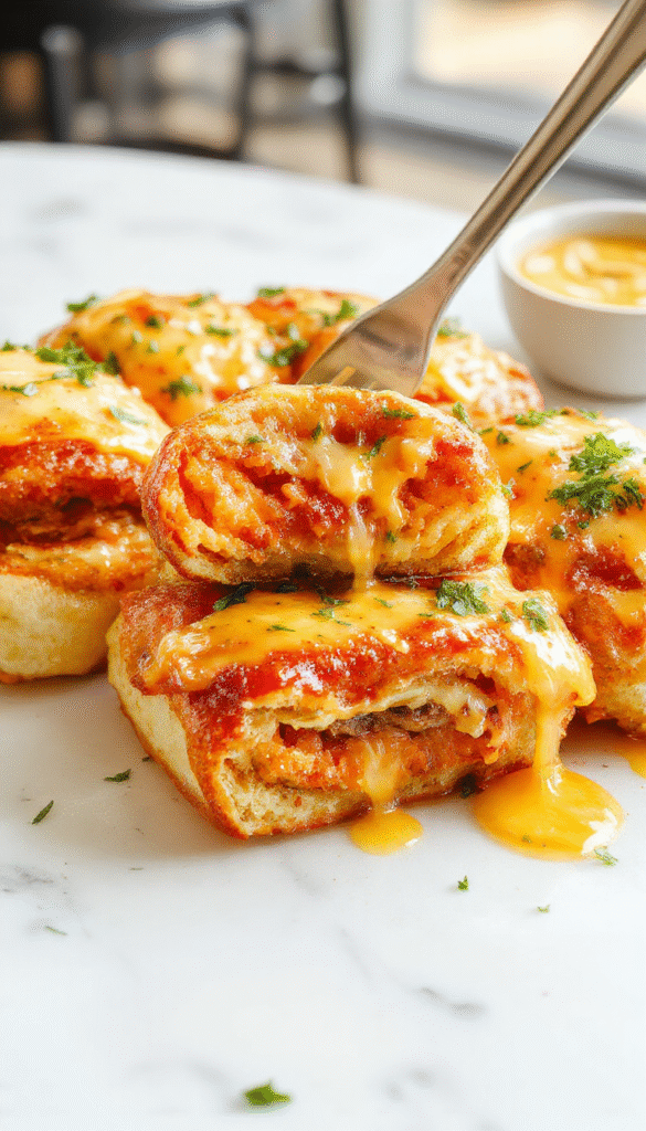A close-up of golden-brown cheeseburger rollups drizzled with melted cheese and fresh herbs, sliced to reveal juicy beef patties, gooey cheese, and garlic butter, artfully arranged on a rustic wooden platter garnished with parsley.
