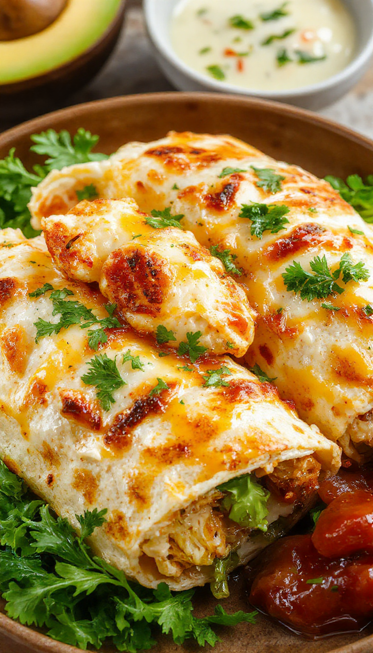 Close-up of cheesy garlic chicken wraps filled with melted cheese, crispy chicken, and fresh greens, wrapped in golden tortilla.