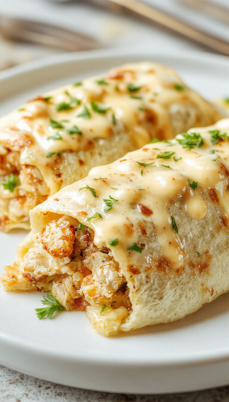 Freshly prepared Cheesy Garlic Chicken Wraps with golden-brown chicken, melted cheese, and crisp lettuce wrapped in a tortilla.