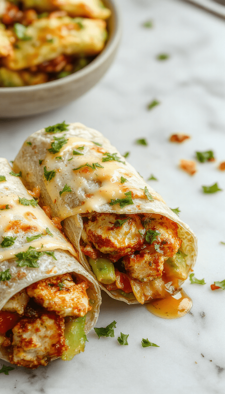 A vibrant plate featuring golden-brown chicken wraps generously filled with melted cheese and fresh herbs, sliced to reveal gooey cheese and seasoned chicken, garnished with chopped parsley and drizzled with garlic sauce, styled on a rustic wooden table with a colorful background