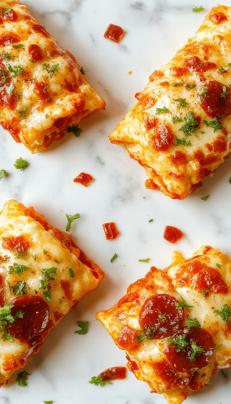 Golden brown pepperoni pizzadillas sliced open to reveal melted cheese and pepperoni filling, served on a rustic wooden platter with crispy edges and gooey cheese strings, garnished with fresh herbs and vibrant red pepperoni slices, styled for a cozy homemade meal