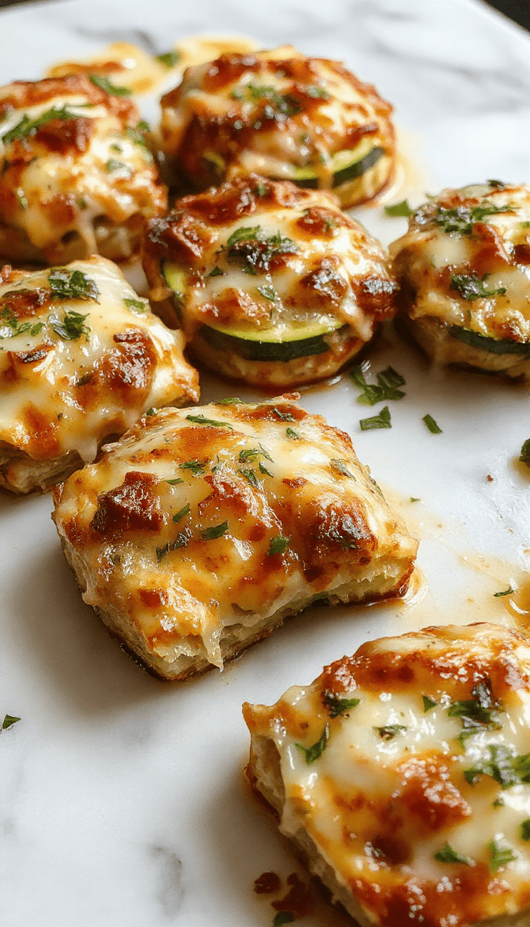 A vibrant zucchini pizza casserole topped with melted cheese and fresh basil, presented in a rustic ceramic dish. The casserole features thin slices of zucchini layered with tomato sauce and gooey cheese, golden-brown edges, garnished with chopped herbs, styled on a wooden surface with a sprinkle of basil leaves for a fresh touch.