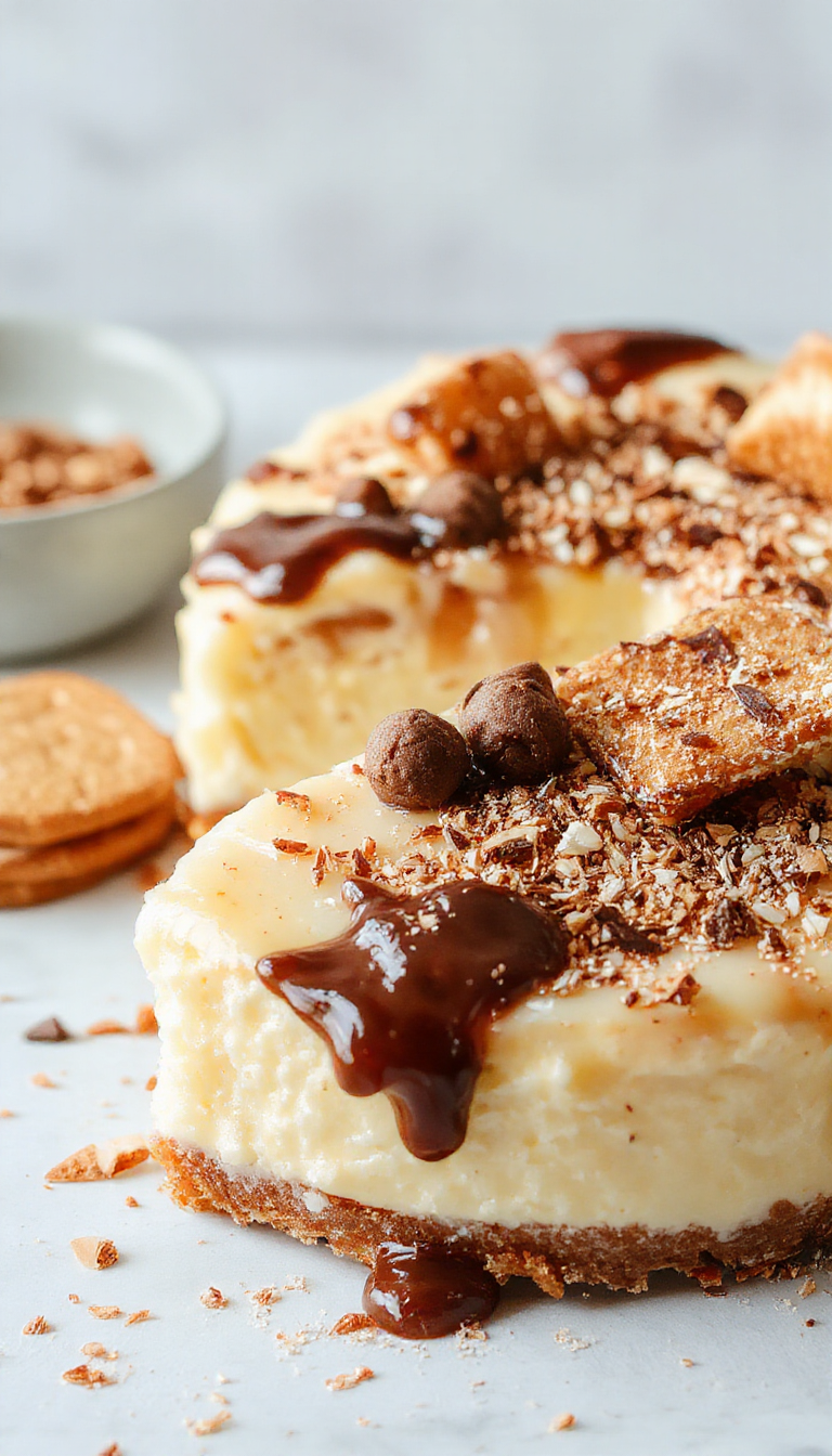 A vibrant plate of Churro Cheesecake Fiesta featuring slices of creamy cheesecake topped with crispy churro pieces and colorful sprinkles, garnished with cinnamon and whipped cream.