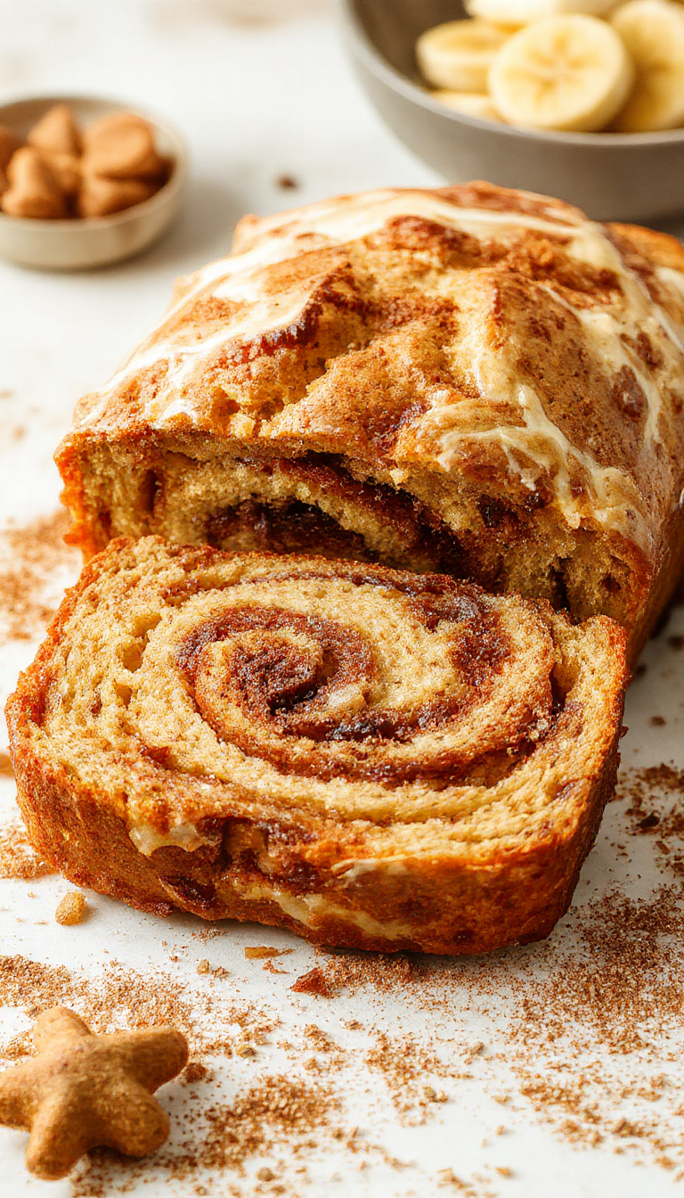 A loaf of cinnamon swirl banana bread sliced open to reveal its moist interior with cinnamon swirls.