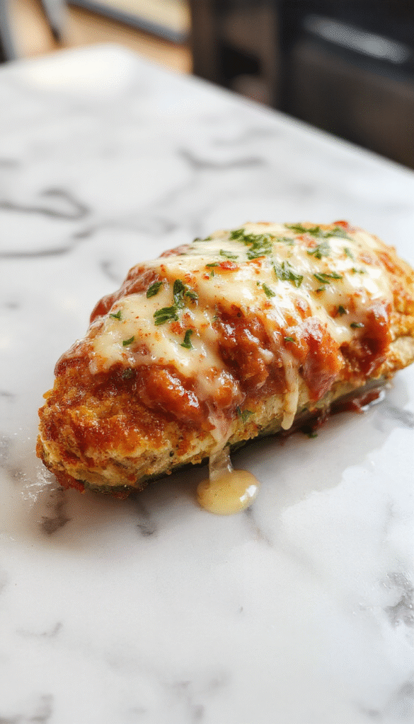 A golden-brown baked chicken parmesan served on a white plate, topped with melted mozzarella and marinara sauce, garnished with fresh basil, with a side of spaghetti pasta and a sprinkle of parmesan cheese. The crispy coating contrasts with the gooey cheese and vibrant red sauce, set against a rustic wooden table with natural lighting highlighting the textures.